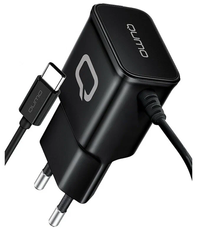 Зарядное устройство сетевое 1xUSB 2.1A встроенный USB-C кабель, черный Qumo (Charger 0025)