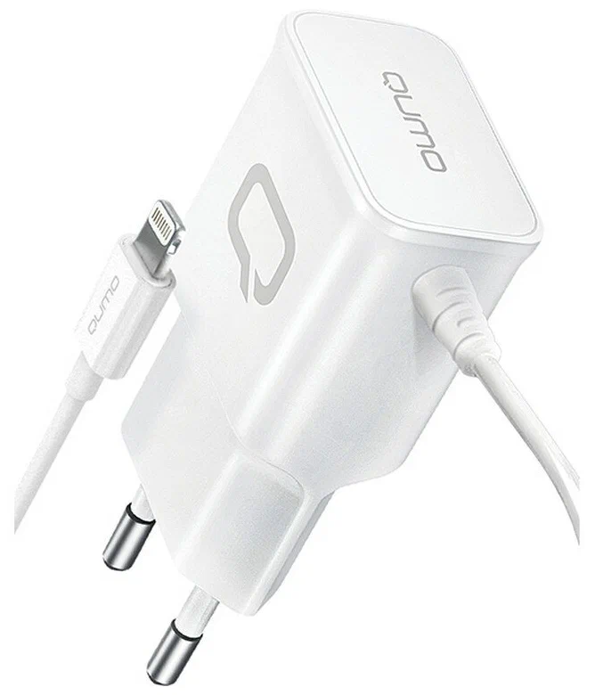 Зарядное устройство сетевое 1xUSB 2.1A встроенный Lightning кабель, белый Qumo (Charger 0026)