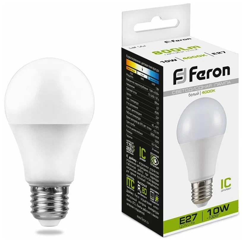 Светодиодная лампа FERON LB-92 <10W/230V/E27/4000K/A60>