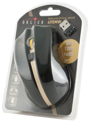 Мышь Oklick 495MW <оптическая/1600dpi/6кнопки/беспроводная/Black+Gold/2xAAA/USB>