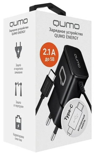Зарядное устройство сетевое 1xUSB 2.1A встроенный USB-C кабель, черный Qumo (Charger 0025)
