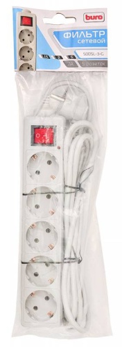 Сетевой фильтр 3,0м Buro 500SL-3-G (5 розеток) серый (пакет ПЭ)
