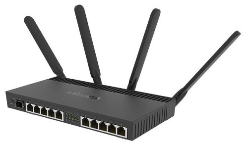 Маршрутизатор 10-port Mikrotik RB4011iGS+5HacQ2HnD-IN  (802.11n+ac/2.4+5.0GHz/33dBm(20 для РФ)/MIMO2x2+4x4/10x1Gbit/1xSFP+/CPU 4x1.4GHz/1Gb RAM/0.5Gb NAND/RouterOS 5/PoE на десятом порту/-40 +45°C)