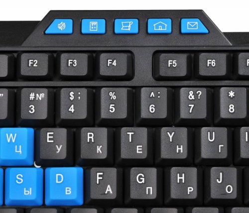 Клавиатура Oklick 750G FROST WAR <провод/114кл/10кл мультимедиа голубого цвета/8кл. голубого цвета/игровая/ресурс клавишь 10млн нажатий/1.5м/USB/чёрный>