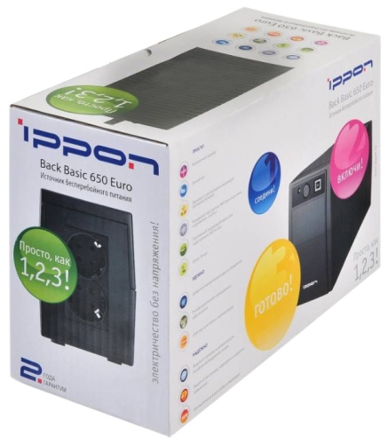 ИБП  650VA/360W Ippon Back Basic Euro (AVR/1x12V-7Ah/2xEuro/5min(200W)/USB/черный) ИБП  650VA/360W Ippon Back Basic Euro (AVR/1x12V-7Ah/2xEuro/5min(200W)/USB/черный)