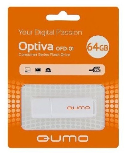 Флеш диск USB2.0 64Gb QUMO Optiva 01 White <белый/пластик/колпачок>