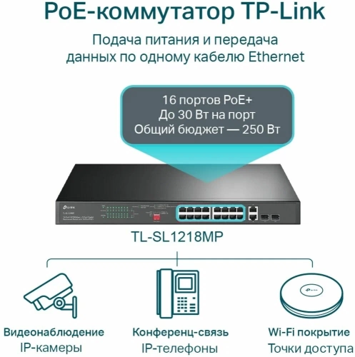 Коммутатор 16-port 100Mbit TP-Link TL-SL1218MP (16xPoE+ 192W/2x1Gbit Combo SFP/неуправляемый)
