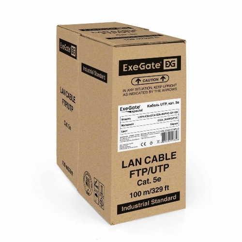Кабель UTP, 4 пары, категория 5e, CCA, 26AWG, серый, бухта 100м ExeGate UTP4-C5e-CCA-S26-IN-PVC-GY-100 (EX281818RUS)