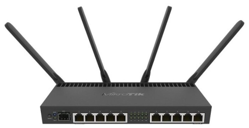Маршрутизатор 10-port Mikrotik RB4011iGS+5HacQ2HnD-IN  (802.11n+ac/2.4+5.0GHz/33dBm(20 для РФ)/MIMO2x2+4x4/10x1Gbit/1xSFP+/CPU 4x1.4GHz/1Gb RAM/0.5Gb NAND/RouterOS 5/PoE на десятом порту/-40 +45°C)