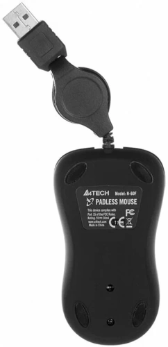 Мышь A4 N-60F-1 <1000dpi/3 кнопки+колесо/V-Track/провод- рулетка 0.9м/USB/черный>