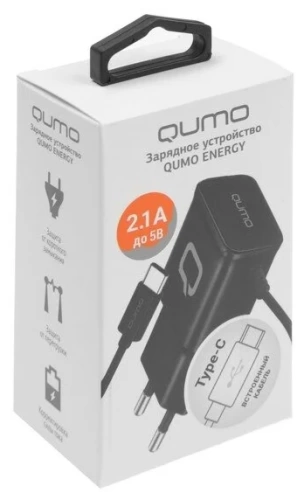 Зарядное устройство сетевое 1xUSB 2.1A встроенный USB-C кабель, черный Qumo (Charger 0025)