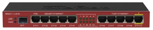 Маршрутизатор 10-port MikroTik RB2011iLS-IN <5x100Mbit+5x1Gbit/1xPoE/SFP/-30.+70°C/RouterOS Level 4>