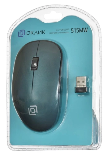 Мышь Oklick 515MW <беспроводная/оптическая/1200dpi/2кнопки/1xAA/64x113x30мм/USB/черный-зеленый>