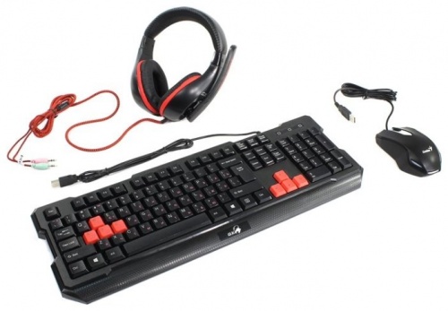 Клавиатура+мышь+гарнитура Genius KMH-200 <чёрная+красная 104 кл/ мышь 3кн. 1000dpi/ накладная гарнитура с микрофоном/ кабель 1,5м/ USB>