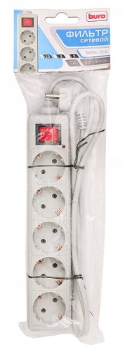 Сетевой фильтр 1,5м Buro 500SL-1.5-G (5 розеток), серый (пакет ПЭ)