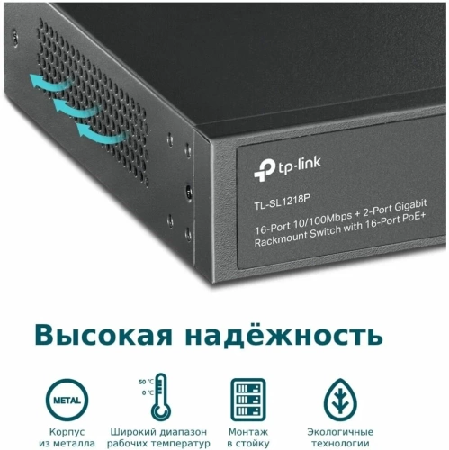 Коммутатор 16-port 100Mbit TP-Link TL-SL1218P (16xPoE+ 150W/2x1Gbit RJ45(1xCombo SFP)/неуправляемый)