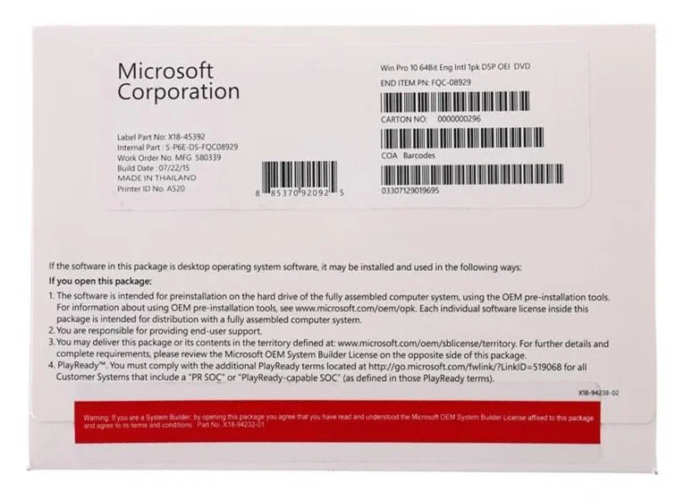 ПО лицензия (OEM) Windows 10 Professional 64bit English 1pk DSP OEI DVD (FQC-08929) + диск